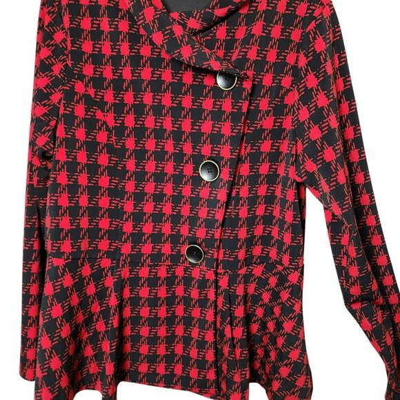 Susan Graver Red Black Plaid Jacket L Long Sleeve Button Front Peplum Hem - Picture 4 of 8